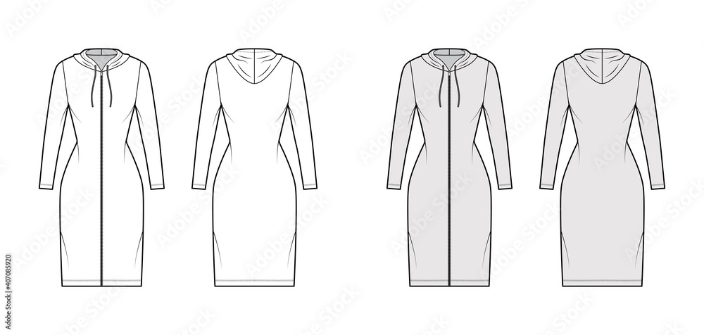 Hoodie zip-up dress technical fashion illustration with long sleeves, knee, mini length, fitted body, Pencil fullness. Flat apparel template front, back, white, grey color. Women men unisex CAD mockup Hoodie zip-up dress technical fashion illustration with long sleeves, knee, mini length, fitted body, Pencil fullness. Flat apparel template front, back, white, grey color. Women men unisex CAD mockup