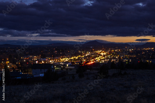 View at cityscape of Madras  Oregon. Cityscape illuminated in dusk