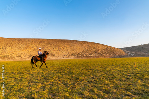A wear a cap riding a red horse green valley under the sun light © attraction art