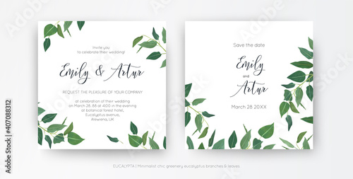 Modern, minimalist style leafy wedding invitation, floral invite card design. Natural eco-friendly eucalyptus greenery branches, green leaves decorative illustration. Vector art botanical template set photo