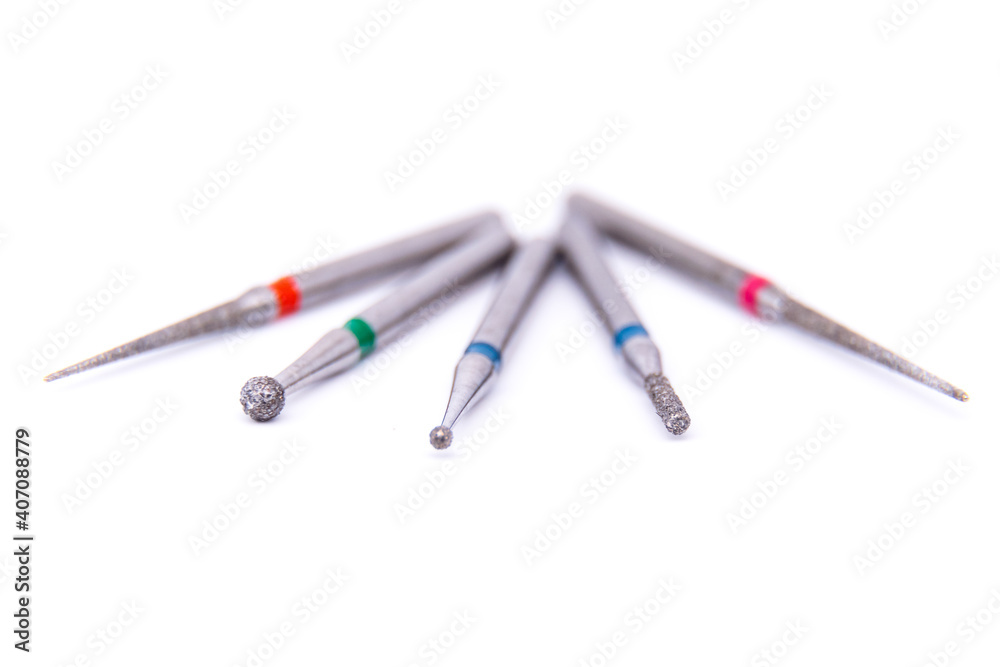 Dental drills in close-up. Equipment in a dental clinic. Tools for the treatment of teeth.