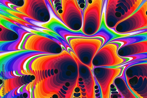 Psychedelic brighly coloured background with merging dark shapes