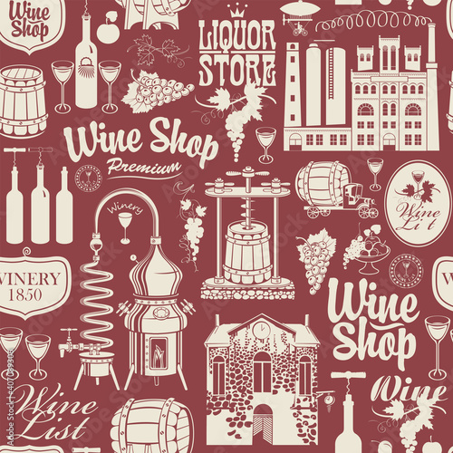Seamless pattern on the theme of wine, wine shops and wine making with drawings and inscriptions in retro style on a burgundy background. Suitable for Wallpaper, wrapping paper, fabric, textile