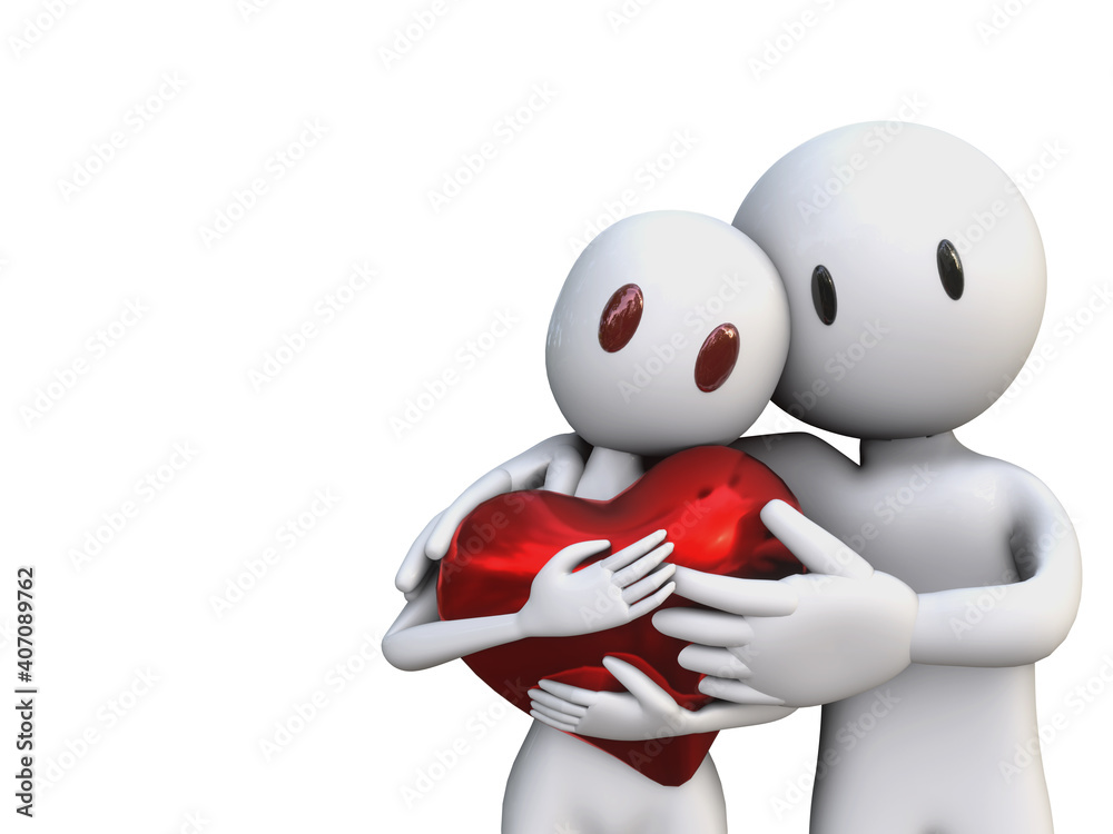 Fototapeta premium 3D HUMAN TOY DOLL RENDER ILLUSTRATION. CLIPPING PATH cute cartoon character clipart isolated white background. Love heart couple sweetheart valentines day concept. Man woman family romantic friendship