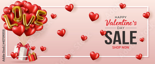 Happy Valentine's Day banner. Holiday background design with big heart made of pink, red Hearts on black fabric background. Horizontal poster, flyer, greeting card, header for website. Gold metallic t