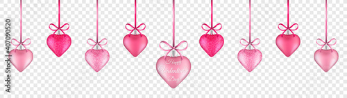 Valentines day hearts hanging decoration with ribbon and bows isolated on transparent background