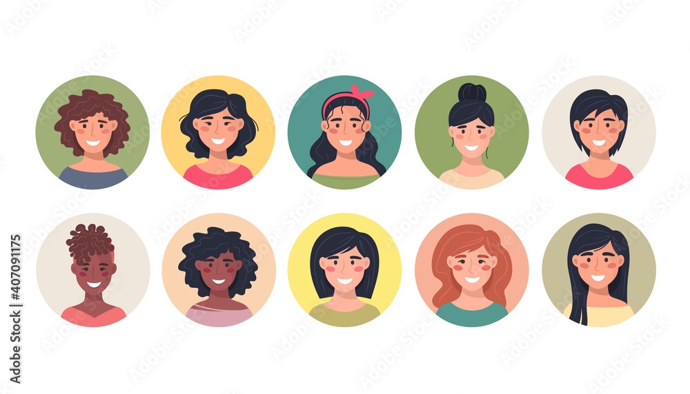 Collection of female avatars in a round icon, communication, people. Vector illustration in flat style.