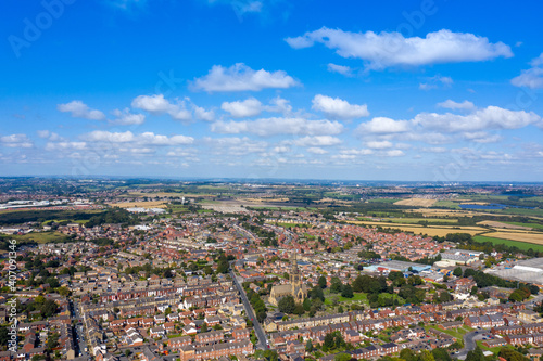 Aerial photo of the British town of Ossett  a market town within the metropolitan district of the City of Wakefield  West Yorkshire  England showing a typical UK housing estate