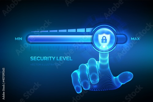 Increasing Security level. Cyber security concept. Wireframe hand is pulling up to the maximum position progress bar with the secure shield icon. Enhance data protection level. Vector illustration.