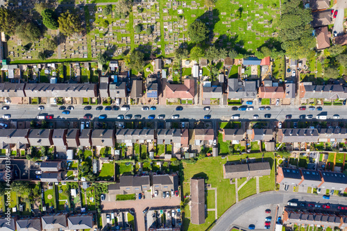 Aerial photo of the British town of Ossett, a market town within the metropolitan district of the City of Wakefield, West Yorkshire, England showing a typical UK housing estate