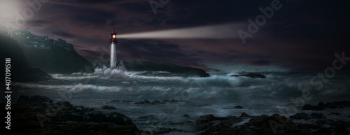 Lighthouse with beacon on coast in stormy thunderstorm weather sea with sailboat on horizon and big waves