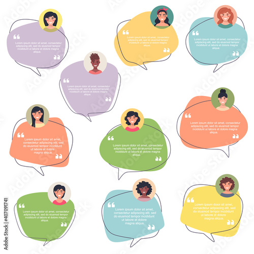 Testimonial Speech bubble concept, collection of female avatars, customer testimonials of information graphics, app and website. Creative testimonial template with different forms. Vector illustration