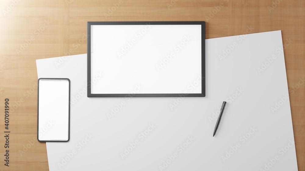 Fototapeta premium Tablet,paper,and mobile. on white background workspace mock up design illustration. 3D rendering.