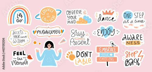 Big set of self love quotes in stickers.