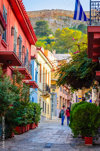 Beautiful street in Plaka District, Athens, Greece.