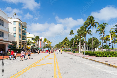 Miami, Florida - January 1, 2021: Art-Deco Streets of Collins Ocean Drive on New Years Day 2021.