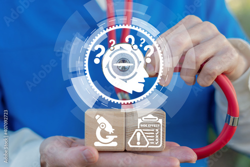 Medical concept of medication pills supplement side effects symptoms.