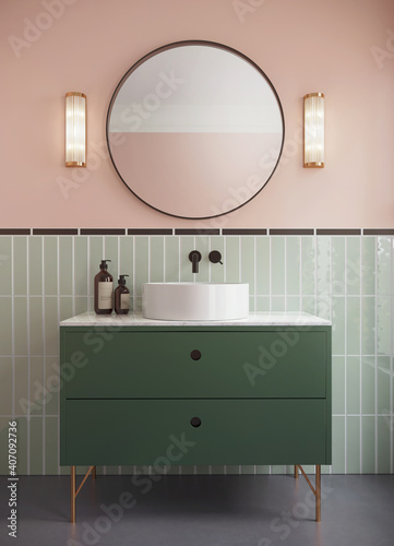 3d render of a modern salmon red bathroom with green cabinet and crystal wall lamps crystal wall lamps and a round mirror