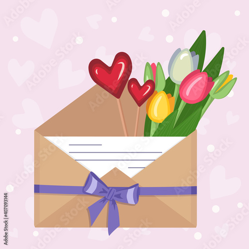 Tulips in a craft envelope with a love note and hearts © Екатерина Полякова