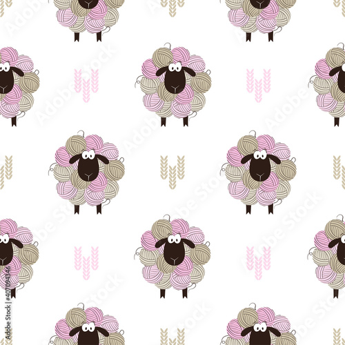 Seamless pattern with funny sheep made of yarn balls. Vector cartoon knitting illustration