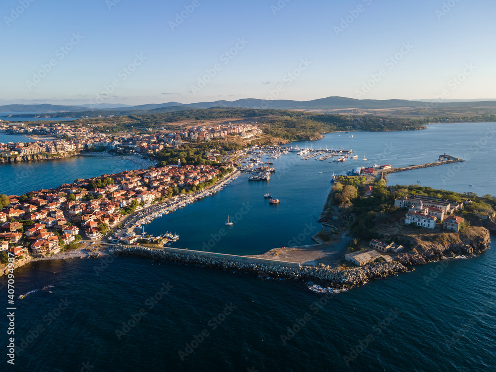 Aerial sunset view of town of Sozopol, Bulgaria