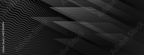 Abstract background of straight and wavy intersecting lines in black and gray colors