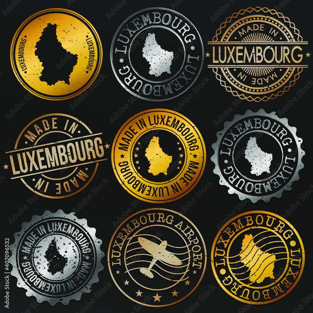 Naklejka premium Luxembourg Map Metal Stamps. Gold Made In Product Seal. National Logo Icon. Symbol Design Insignia Country.