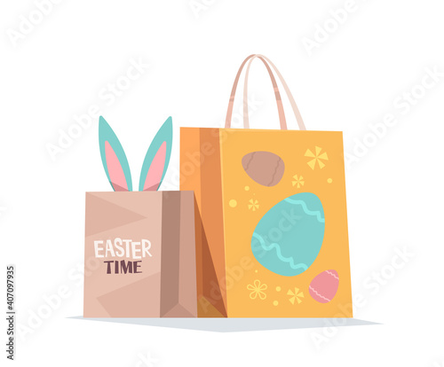 happy easter spring holiday celebration greeting card poster with decorated shopping bags horizontal vector illustration