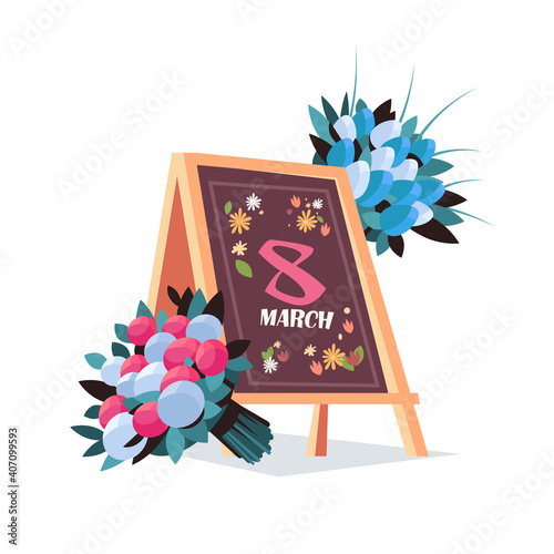 womens day 8 march message written on board with flowers holiday celebration concept banner flyer or greeting card vector illustration
