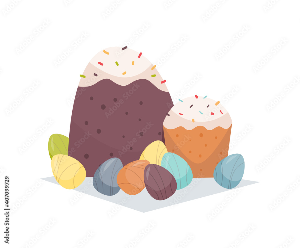 Fototapeta premium easter cakes and decorated eggs happy spring holiday celebration greeting card poster horizontal vector illustration
