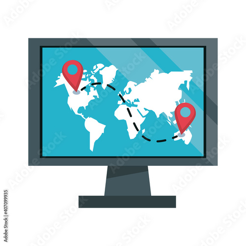 desktop computer with earth planet and distance pins