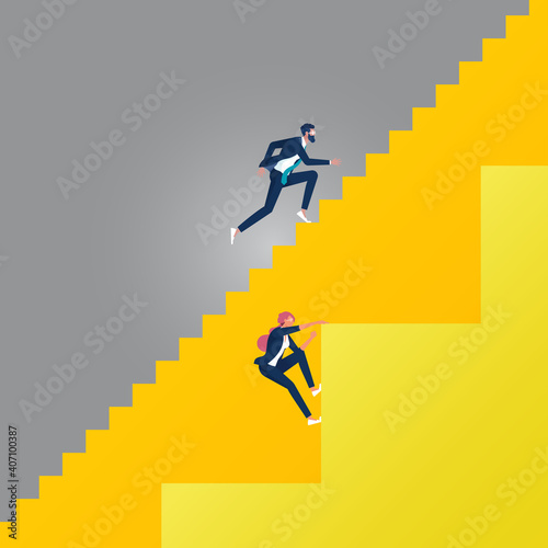 Business gender inequality, Business gender inequality vector concept with businessman and businesswoman on different stairs. Different career opportunities photo