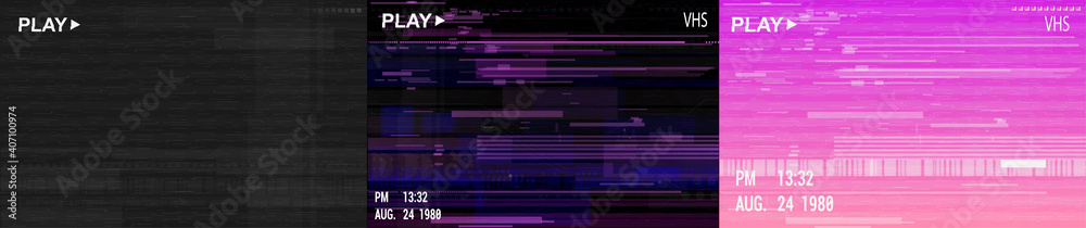 Digital glitch background collection in retrofuturism style. Glitched VHS video screen. Distorted trendy texture set. Vector illustrations   with noise, glitch, vhs, no signal TV. Vector illustrations