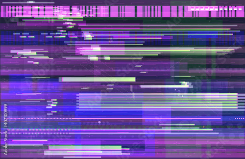 Neon glitch banner in cyberpunk style. Vector illustration with deep effect of interference, background, noise, glitch, vhs, no signal TV screen. Vaporwave and synthwave neon effect. Cyberpunk colors