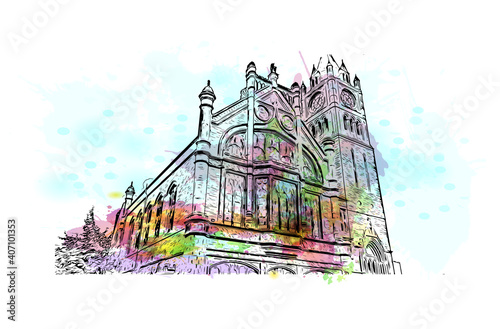 Building view with landmark of Londonderry is the
city in Northern Ireland. Watercolour splash with hand drawn sketch illustration in vector. photo