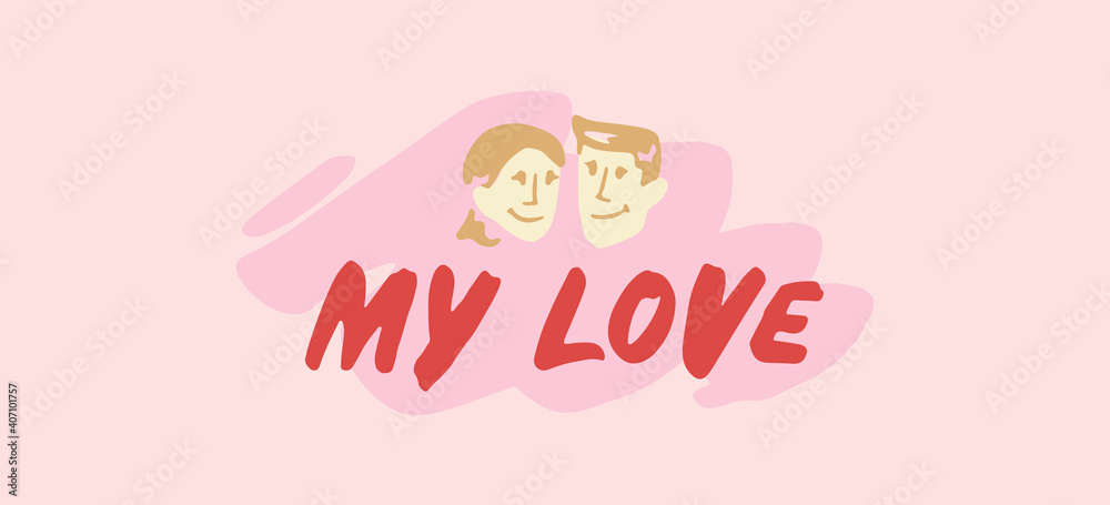 A loving couple in the middle on a pink background with the inscription my love, close-up side view.
A loving couple in the middle on a pink background with the inscription my love, close-up side view.