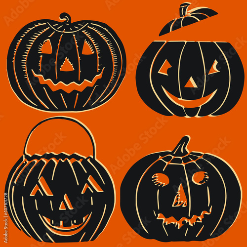 Set of halloween pumpkins, vintage jack-o-lanterns, vector Halloween set