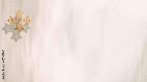 Liturgic white velvet, golden Christian Coptic Orthodox Cross. 3D illustration copy space background for worship live stream church sermon. Concept of Epiphany, Paschal season, Theophany, Christmas. photo