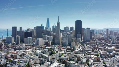 Famous San Francisco city landscape. Cinematic cityscape aerial. Modern financial downtown skyscrapers raising above historic city. Business offices with contemporary architecture design scenic view