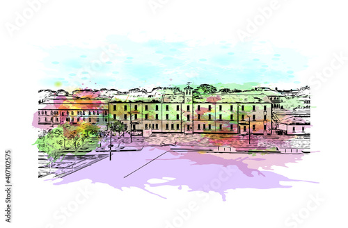 Building view with landmark of Londonderry is the
city in Northern Ireland. Watercolour splash with hand drawn sketch illustration in vector. photo
