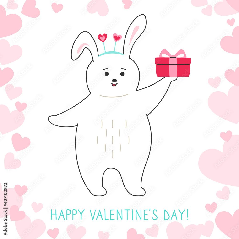 Rabbit with gift box, Happy valentines Day greeting card. Draw doodle cartoon style. Romantic banner cute hand drawn rabbit. Design for print, about love hearts vector illustration