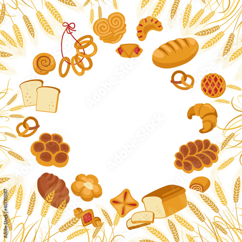 Bakery goods and ears wheat arranged in circle. Cartoon background for Menu Baking. Bread loaf and french baguette pretzel, muffin croissant, french baguette. Bakery pastry vintage vector illustration