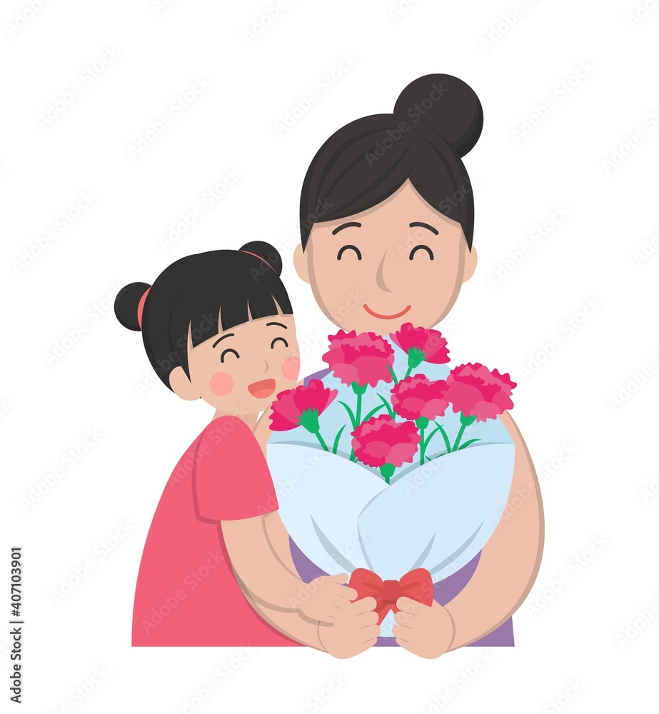 Card for mothers day comic characters vector illustration, mother and daughter celebrating holiday with carnations Card for mothers day comic characters vector illustration, mother and daughter celebrating holiday with carnations