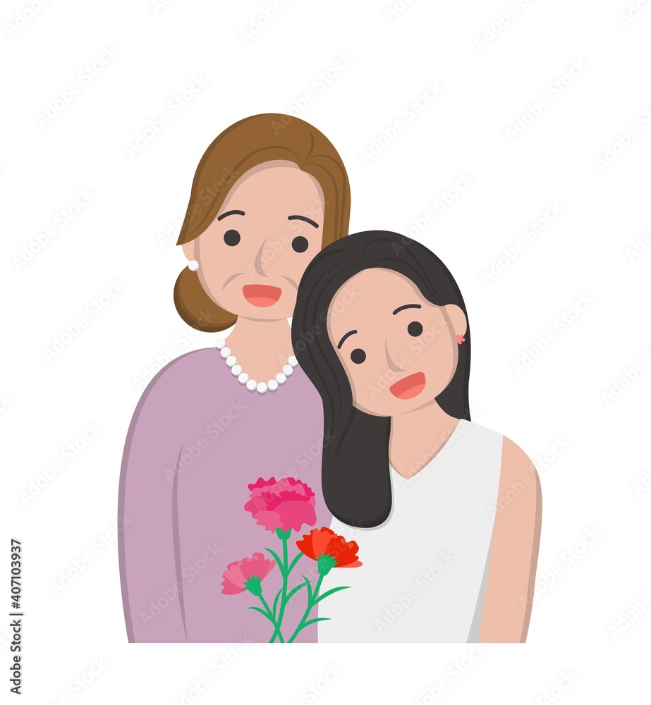 Card for mothers day comic characters vector illustration, mother and daughter celebrating holiday with carnations Card for mothers day comic characters vector illustration, mother and daughter celebrating holiday with carnations