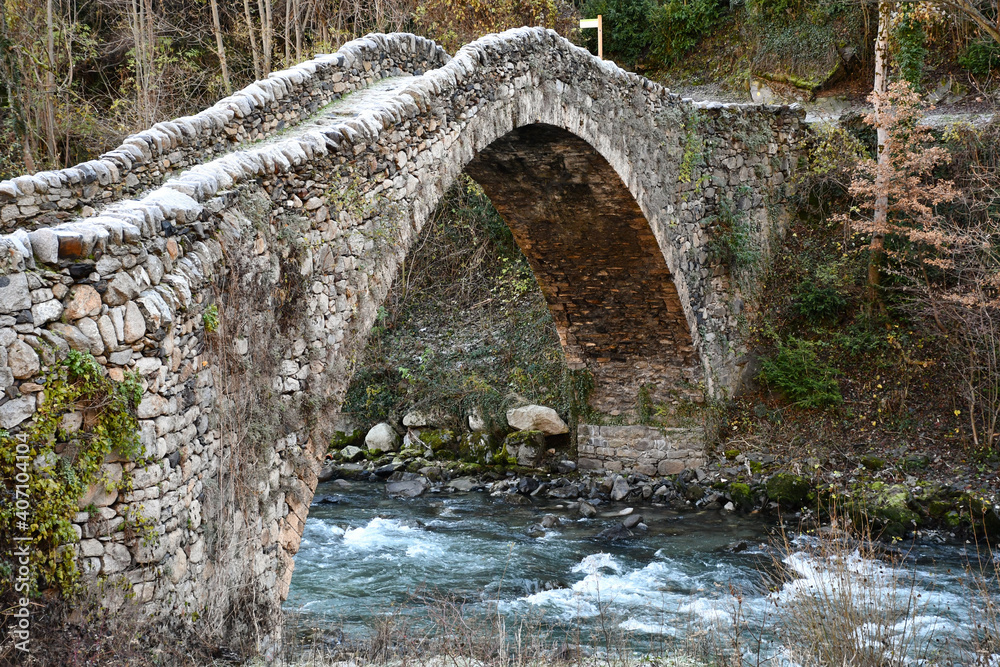 Puente de la Margineda (Pont de la Margineda), a medieval stone bridge across the river Valira in Andorra