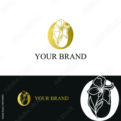 Golden Luxury Initial letter o with February Iris flower for cosmetic, Jewelry, boutique, hotel logo concept vector