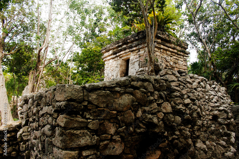 Panoramic of pre-Hispanic architecture in the ruins of the Mayan culture built in Tulum Quintana Roo