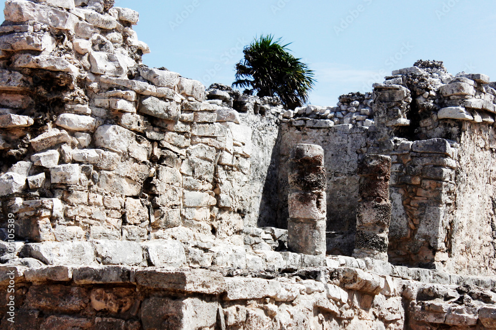 Panoramic of pre-Hispanic architecture in the ruins of the Mayan culture built in Tulum Quintana Roo