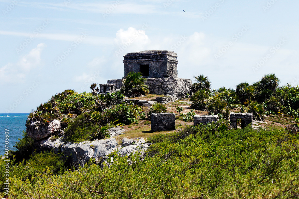 Panoramic of pre-Hispanic architecture in the ruins of the Mayan culture built in Tulum Quintana Roo