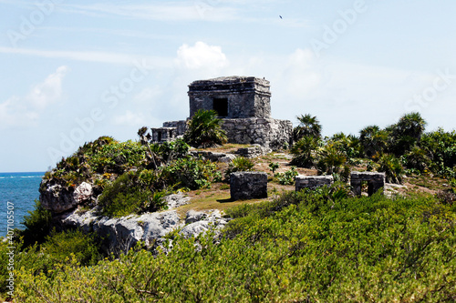 Panoramic of pre-Hispanic architecture in the ruins of the Mayan culture built in Tulum Quintana Roo